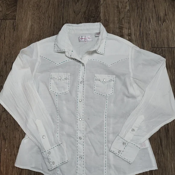 Panhandle Slim white with decorative stitches white pearl snap shirt Size L - Picture 7 of 16